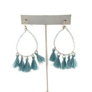Teal Tassel Beaded Hoop Earrings With Gold Hooks Long Bohemian Statement Jewelry